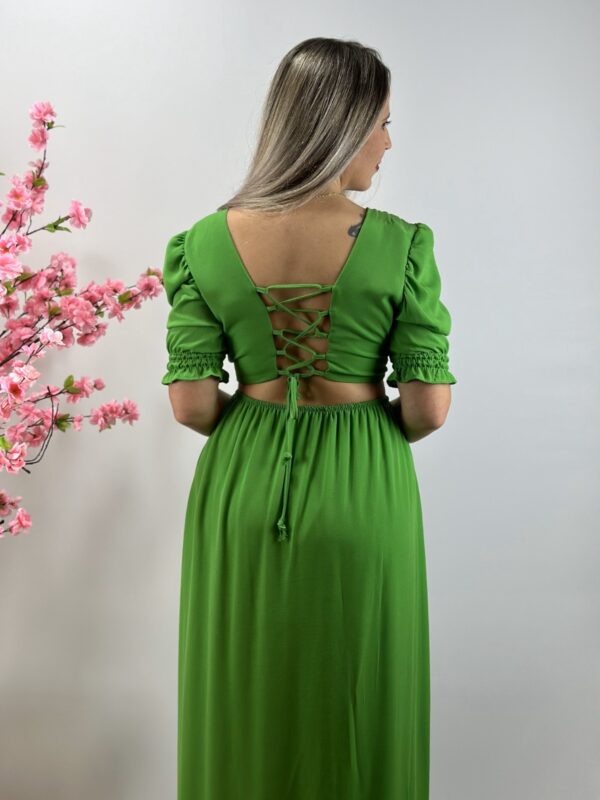 Vestido Longo Verde com Meia Manga, Bojo e Fenda Lateral
