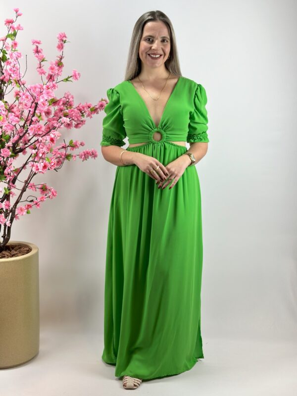 Vestido Longo Verde com Meia Manga, Bojo e Fenda Lateral