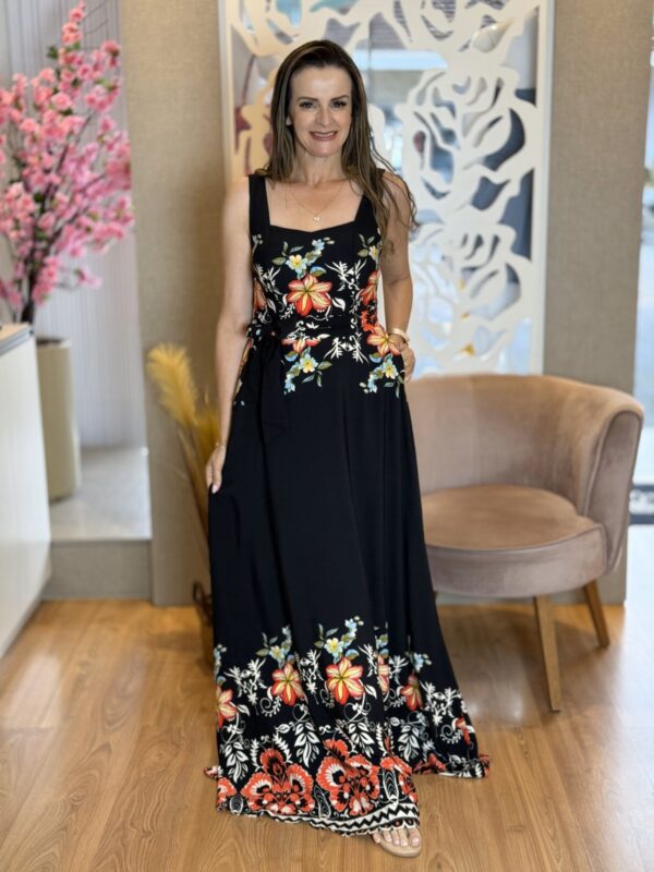 Vestido Longo Preto Floral